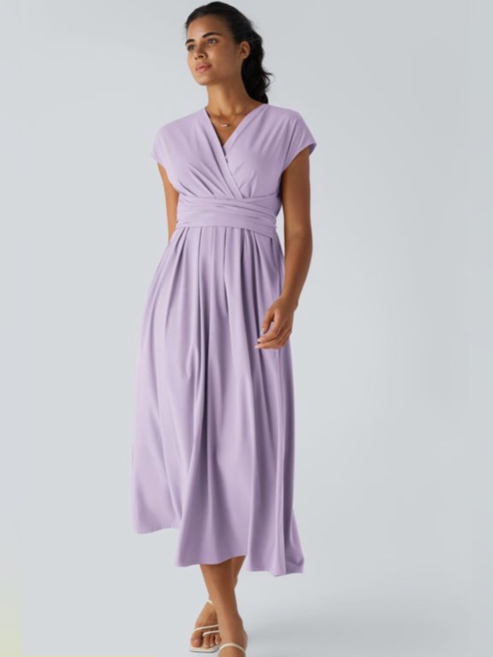 Halara Breezeful V Neck Short Sleeve Pocket Tie Back Midi Casual Dress